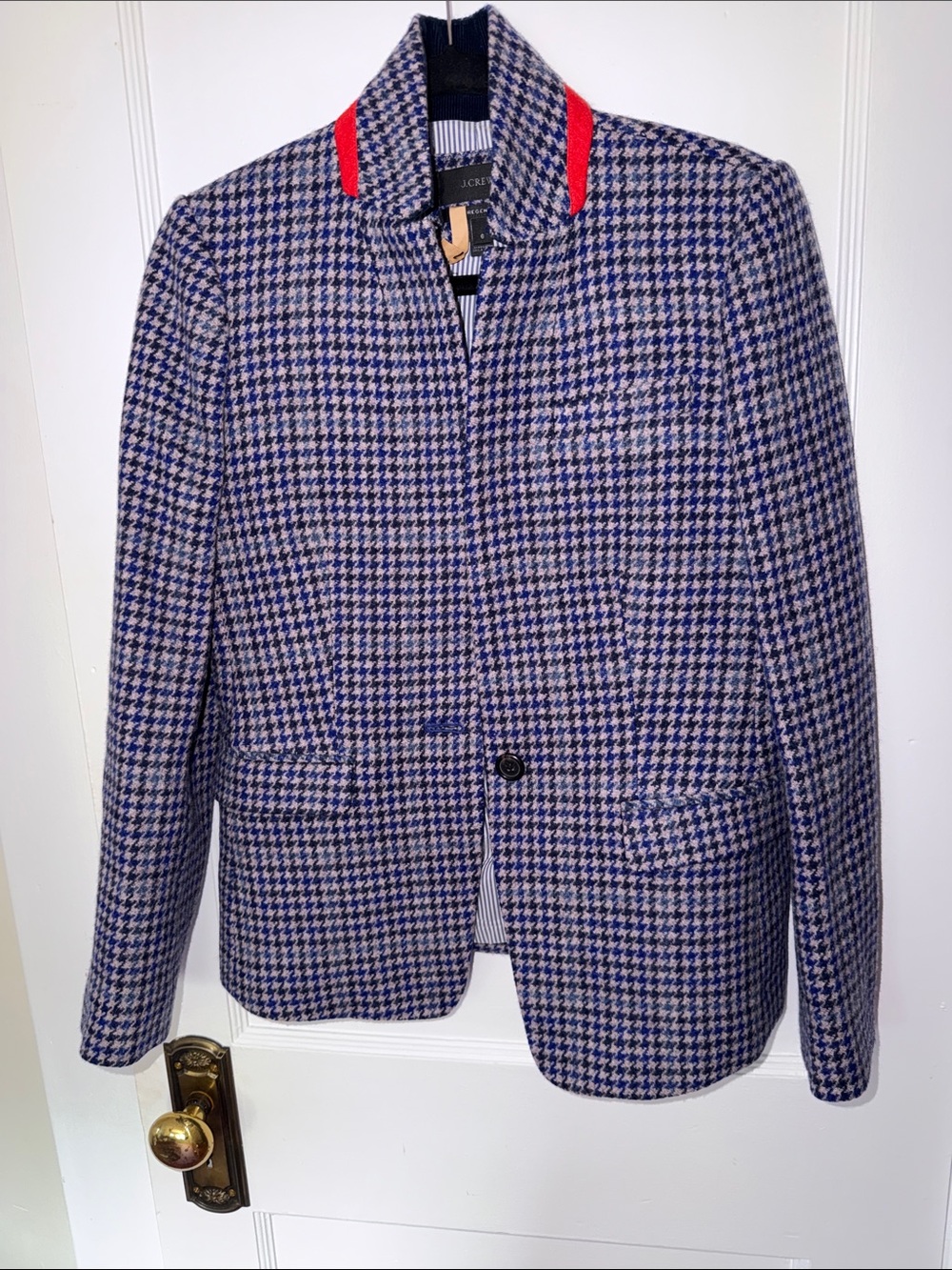J. Crew Blue and White Houndstooth Regent Balzer with Red Collar Detail